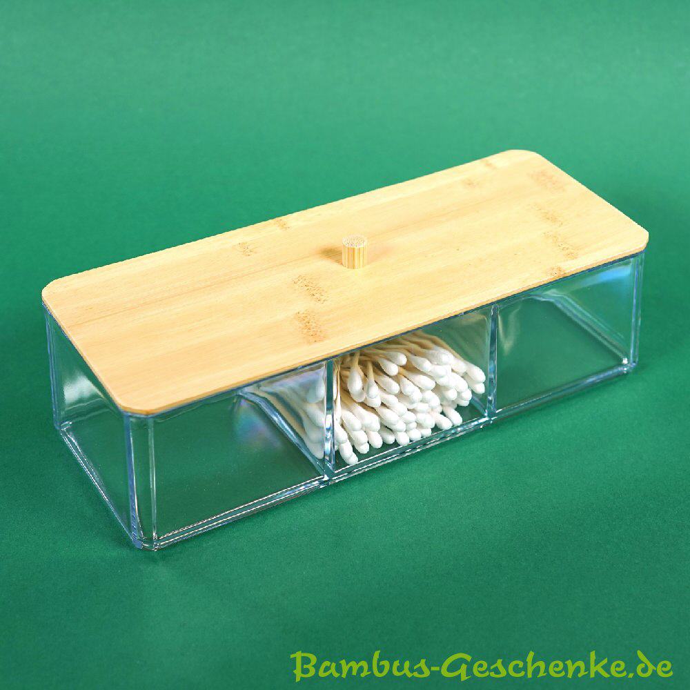 Kosmetikbox eckig 3er-Aufteilung mit Bambusdeckel