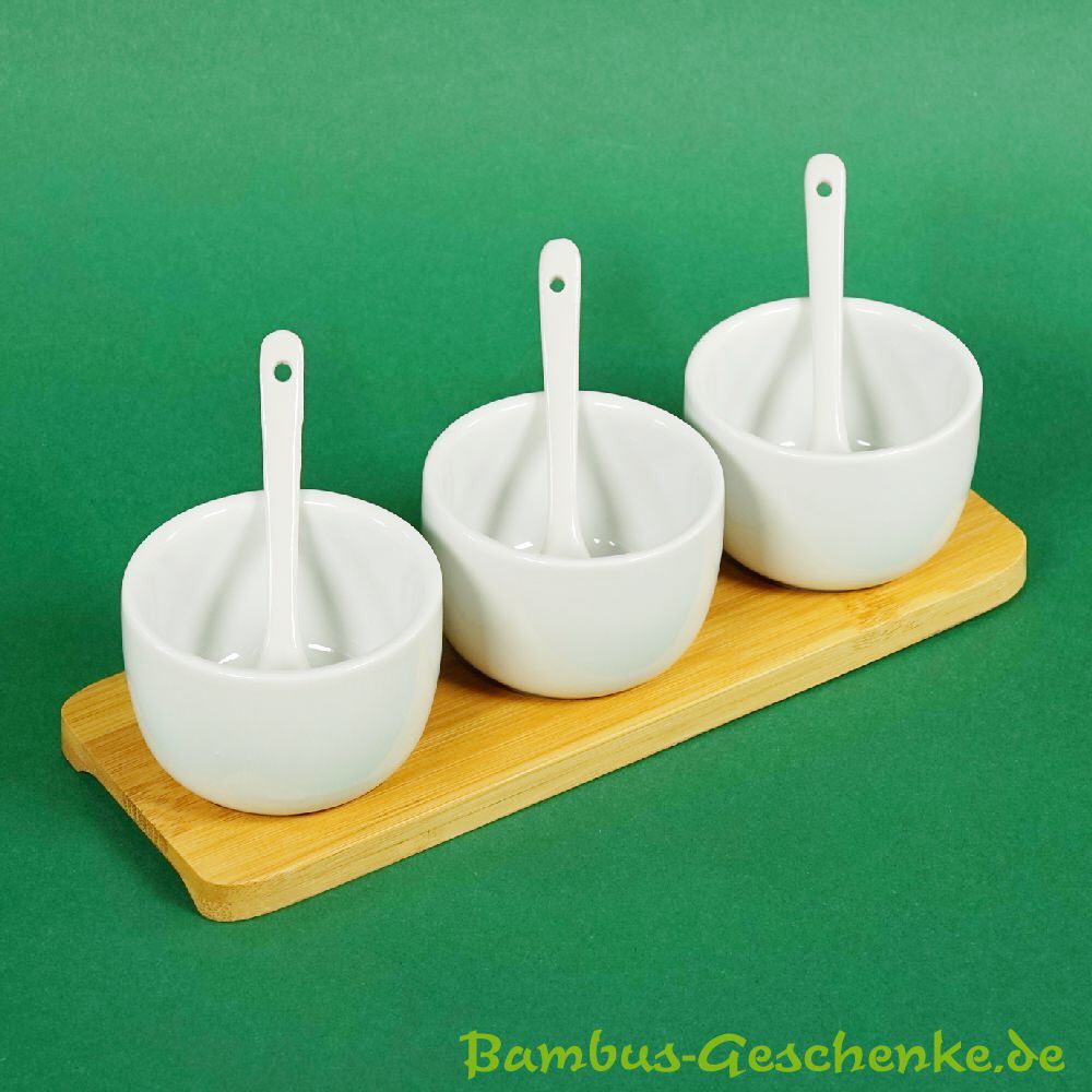 Bambus-Servierbrett mit 3 Schälchen und Löffeln