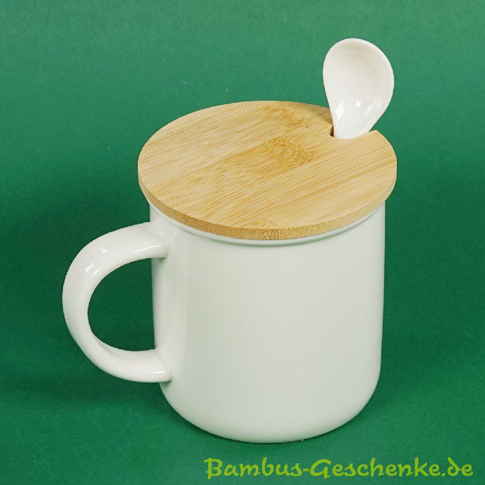 Keramiktasse mit Löffel und Bambus-Deckel