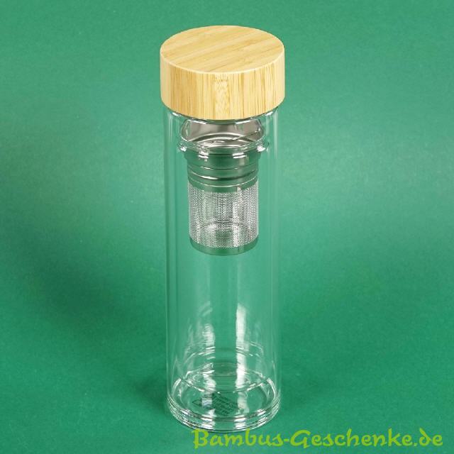 Glas-Trinkflasche mit Bambusdeckel