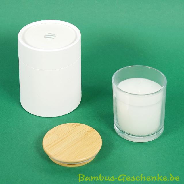 Kerze mit Bambus-Deckel Vanilleduft in Verpackung